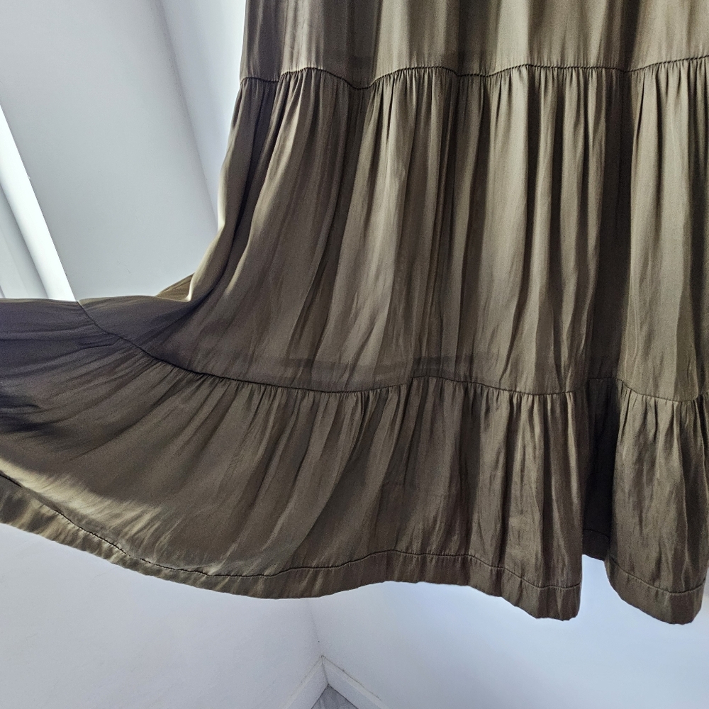 Zadug & Voltaire Rito Tiered Satin Olive Green Flutter Sleeve Dress - Picture 12 of 15
